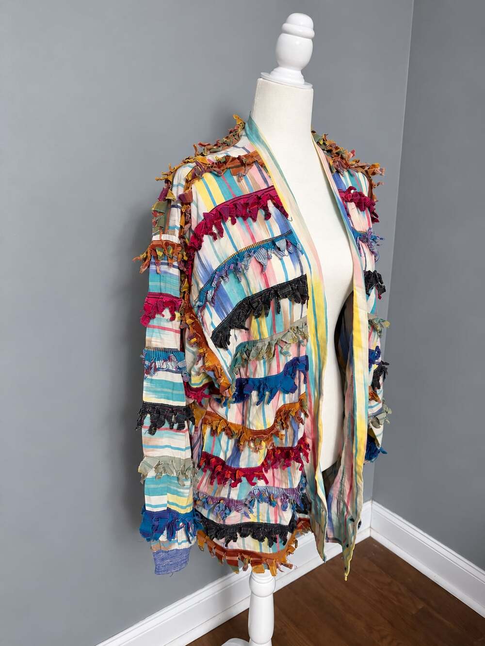 Paula Sweet Muslin Mink Size M Multicolored Striped Fringe Jacket